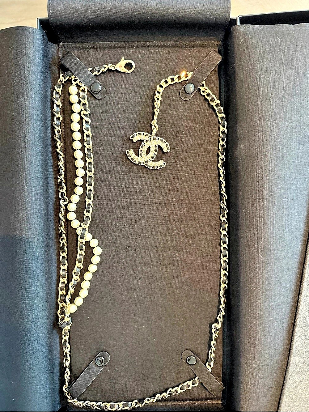 Chanel CC Logo Faux Pearl and Leather Chain Long Necklace Gold & Black NWT